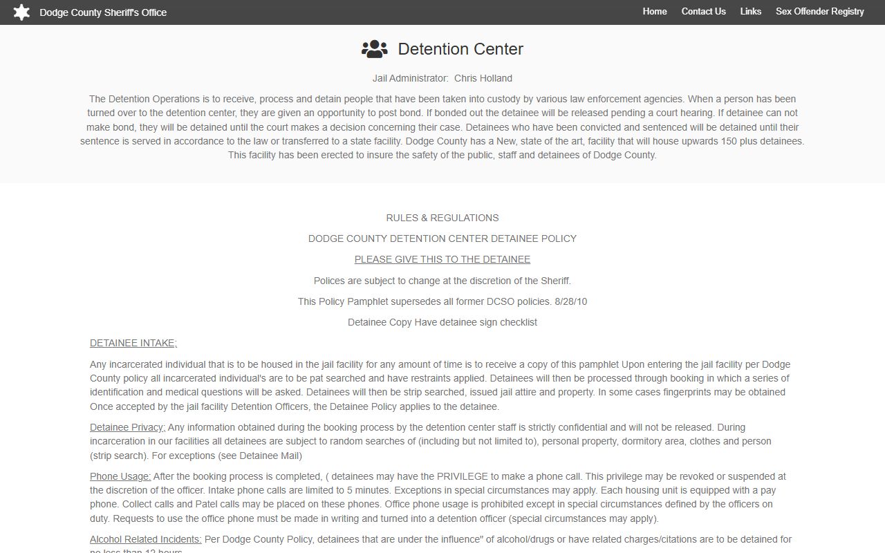Dodge County detention rules page with mail, phone, money, and medical rules