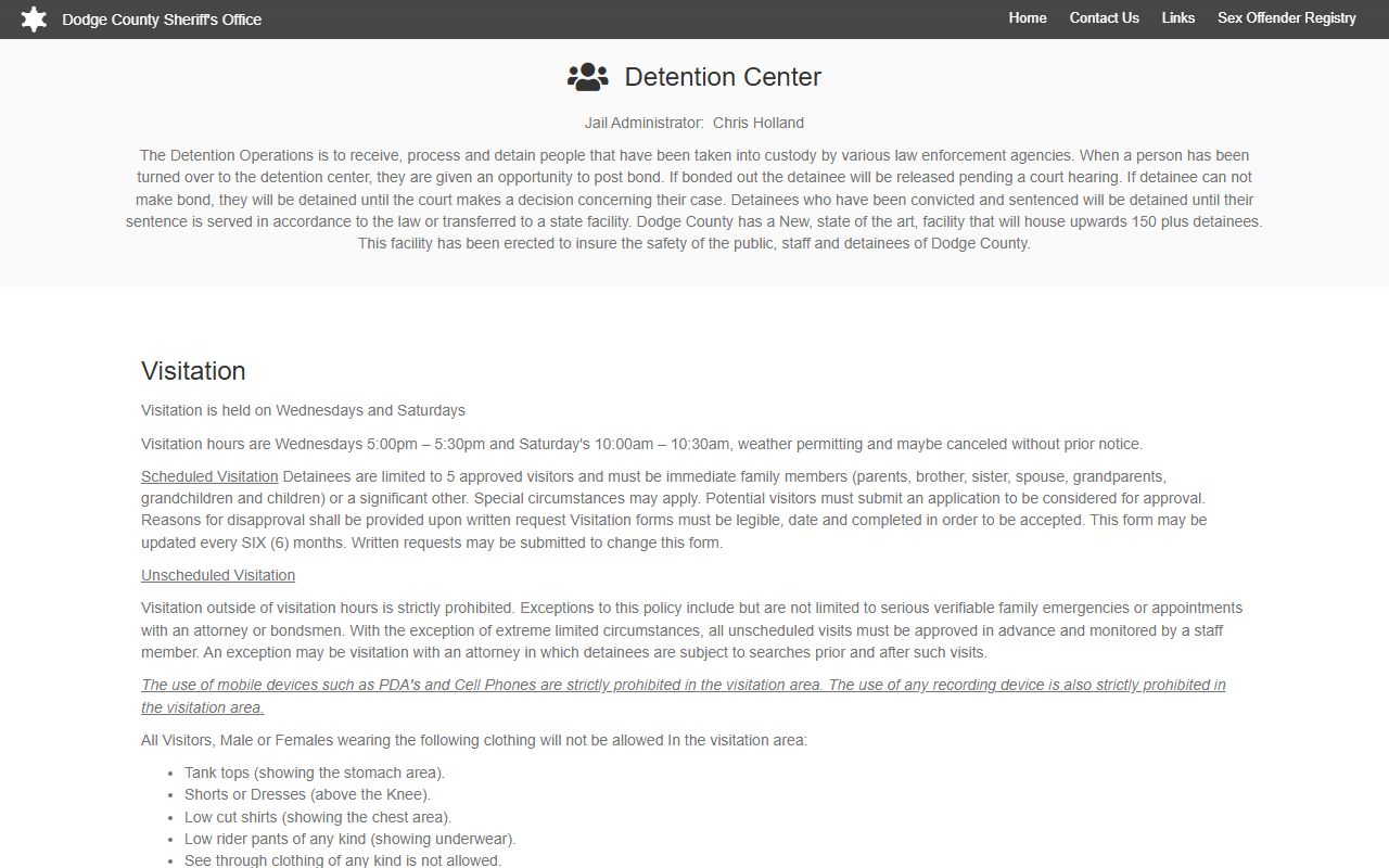 Dodge County Sheriff's detention visitation page with jail visitation rules