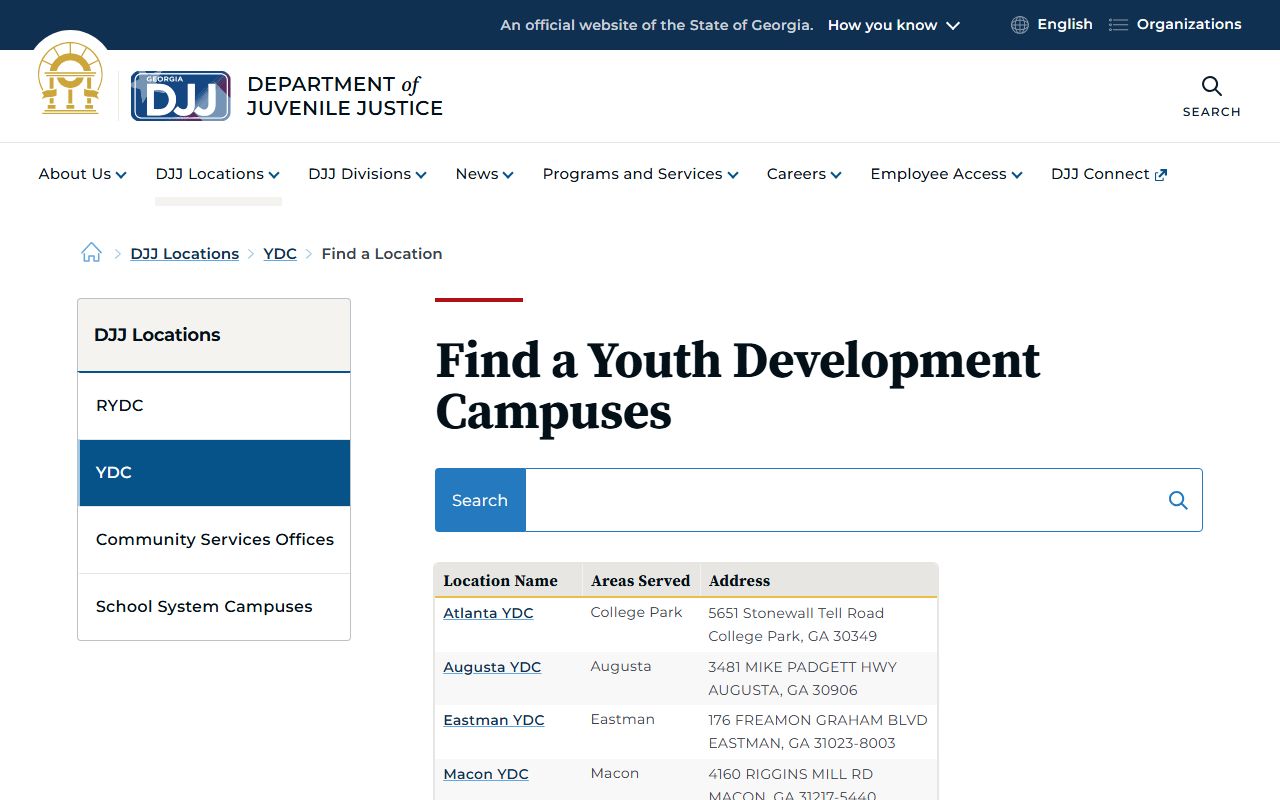 Georgia DJJ Youth Development Campuses list showing Eastman YDC