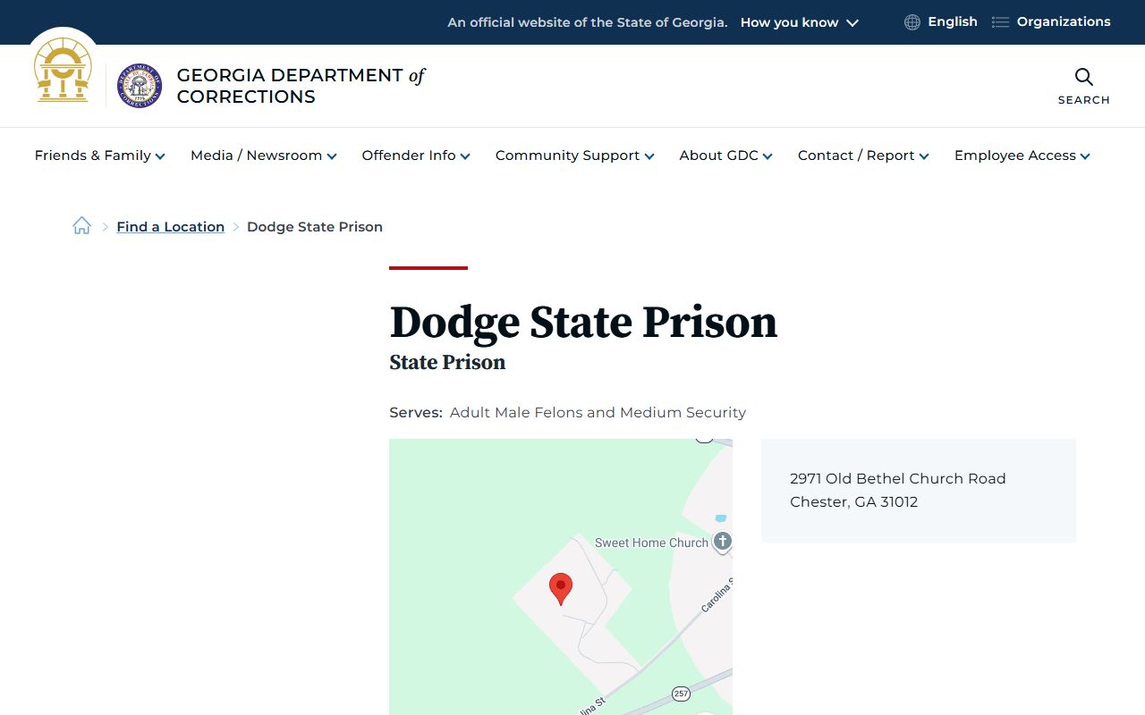 Official GDC Dodge State Prison page with facility details