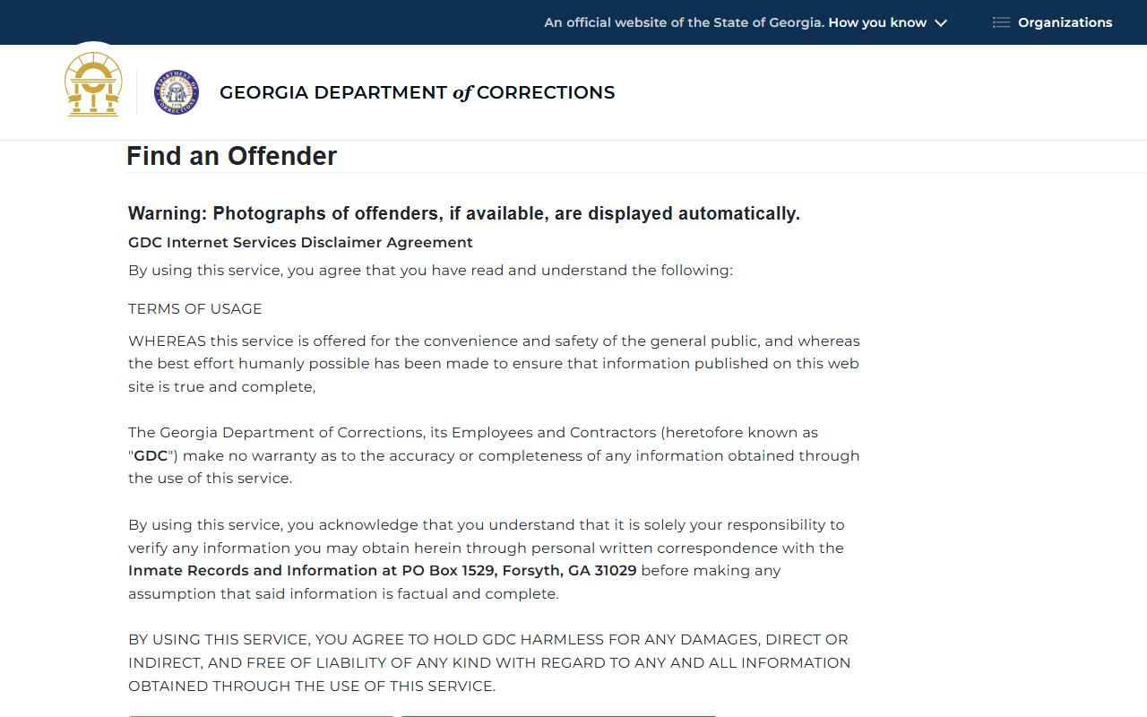 Georgia Department of Corrections offender query disclaimer page
